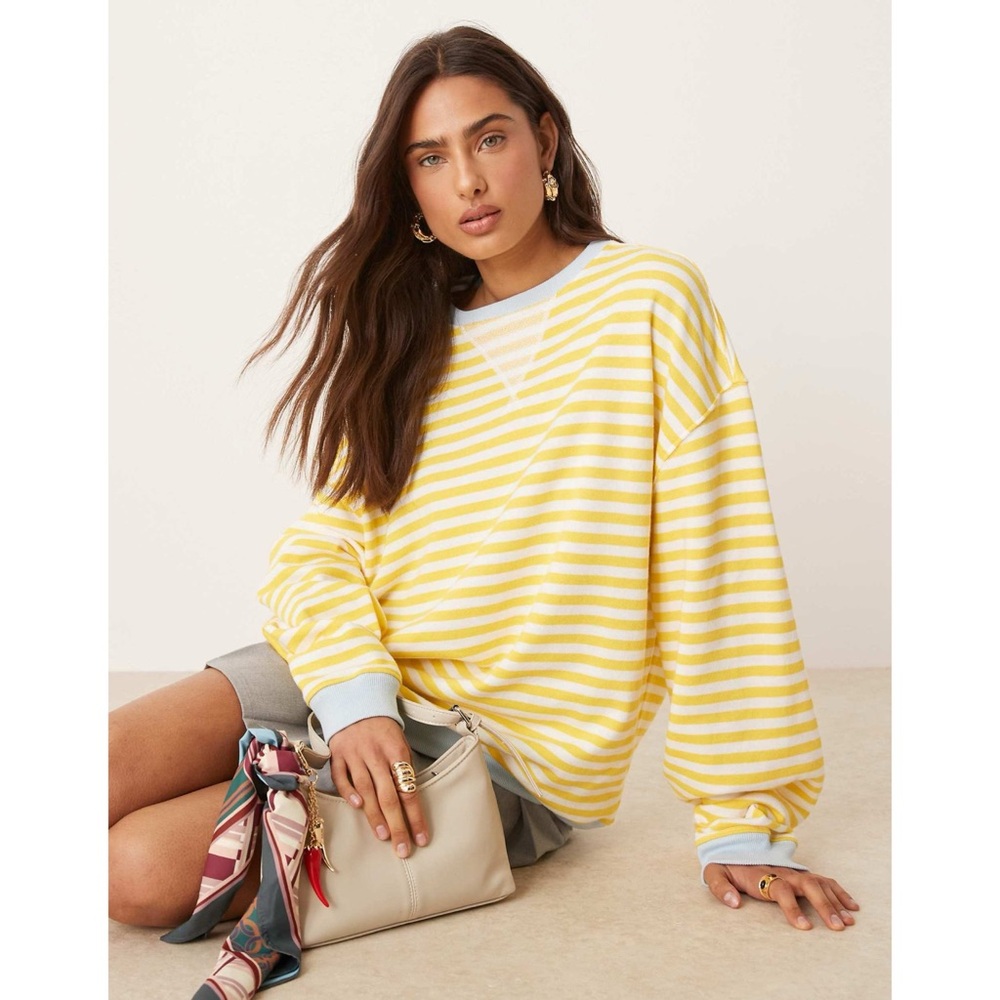 Free People Striped Classic Oversized Crewneck Sweatshirt in Dandelion